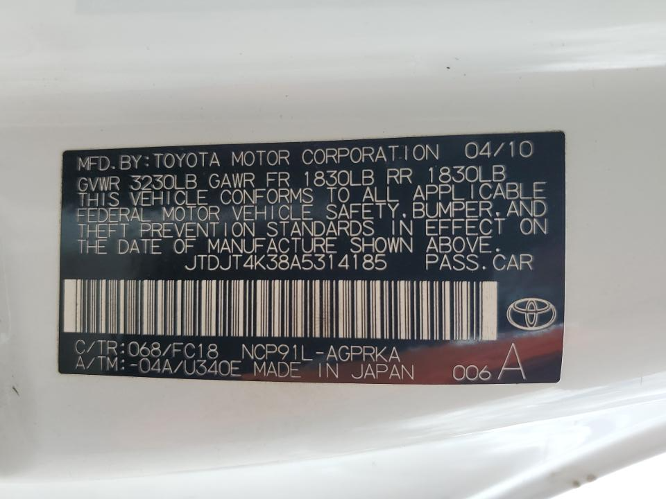 JTDJT4K38A5314185 2010 Toyota Yaris