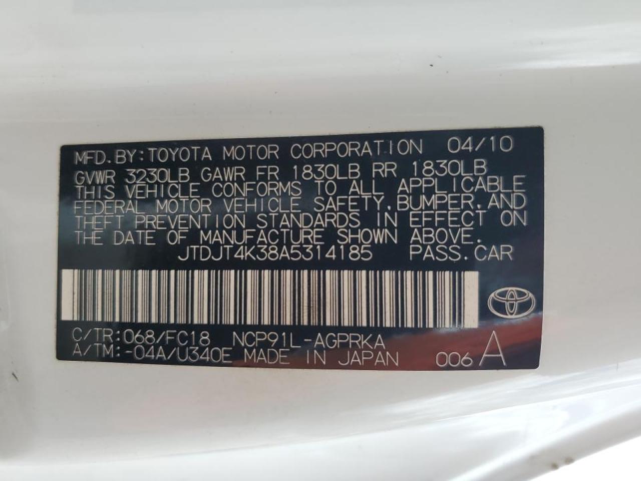 2010 Toyota Yaris VIN: JTDJT4K38A5314185 Lot: 67258164