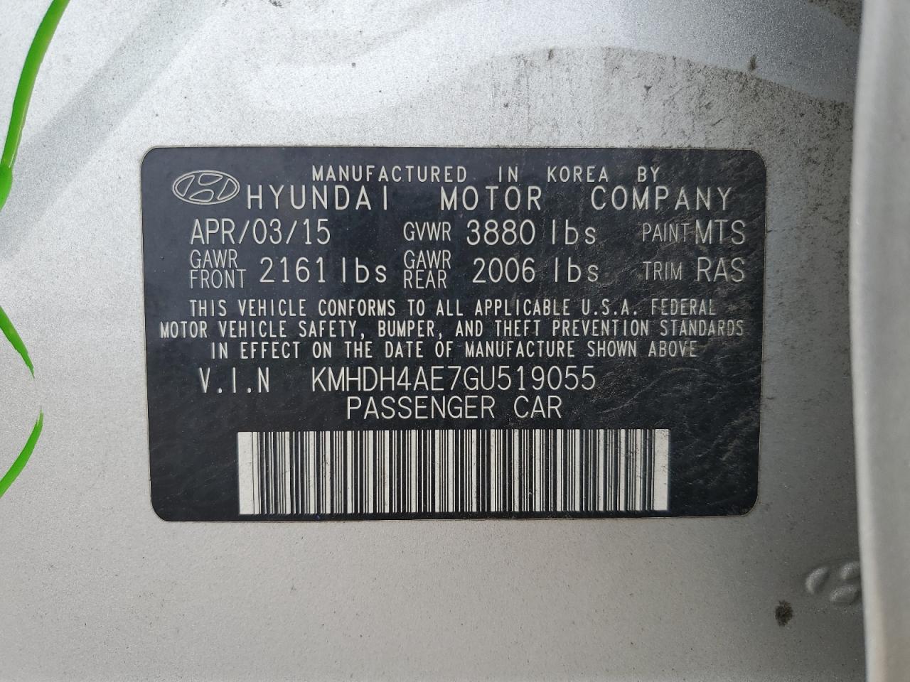 2016 Hyundai Elantra Se VIN: KMHDH4AE7GU519055 Lot: 66652144