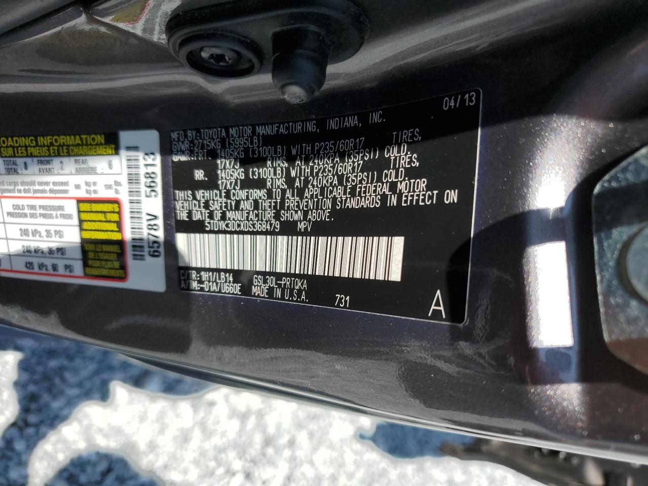 5TDYK3DCXDS368479 2013 Toyota Sienna Xle