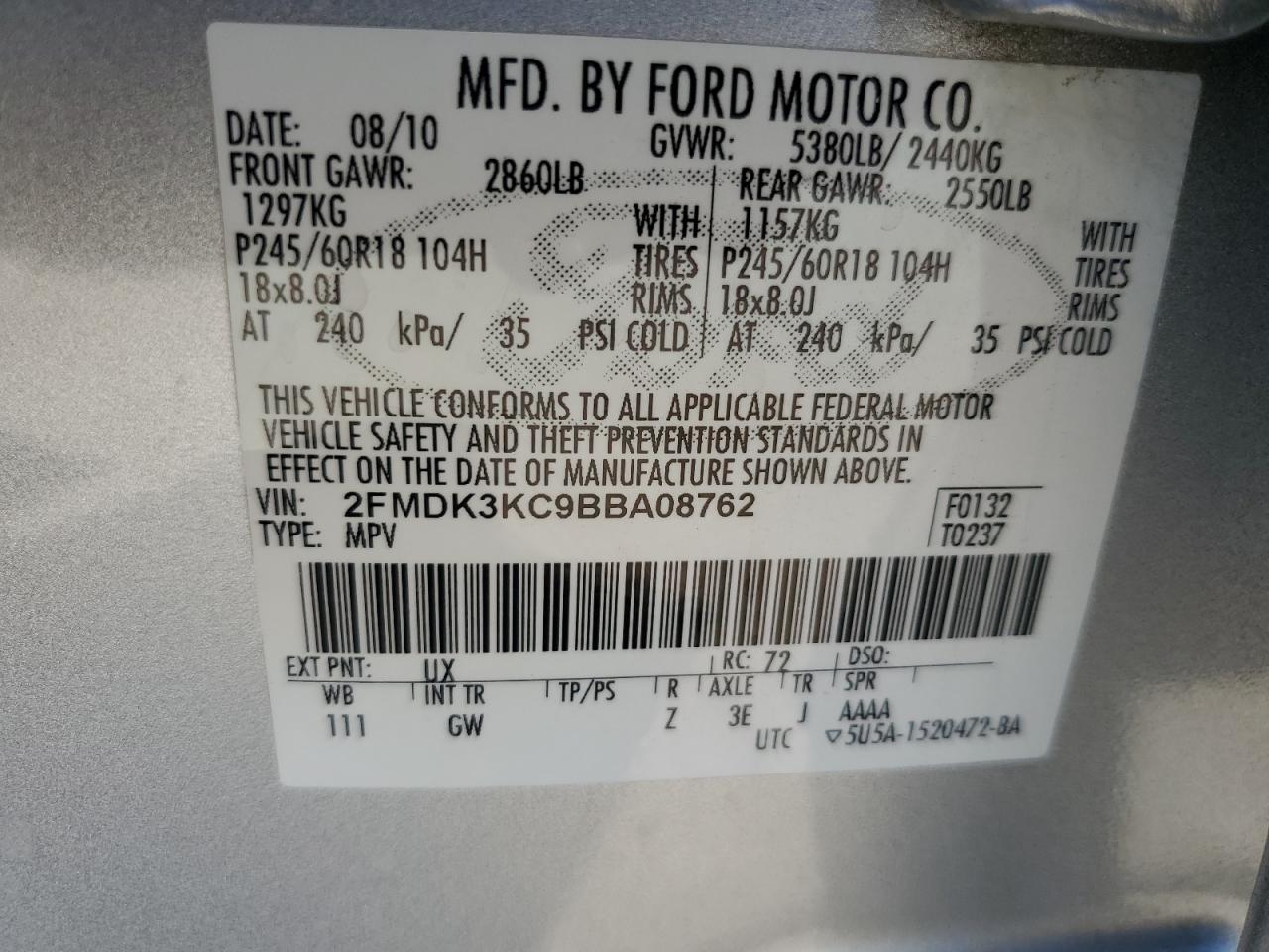 2FMDK3KC9BBA08762 2011 Ford Edge Limited