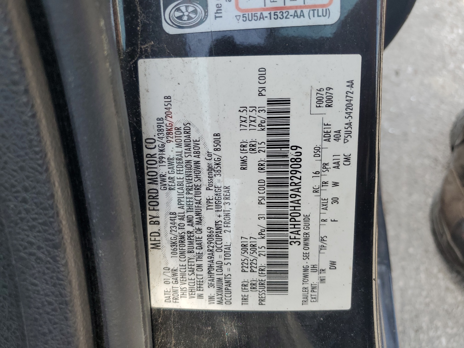 3FAHP0HA9AR290869 2010 Ford Fusion Se