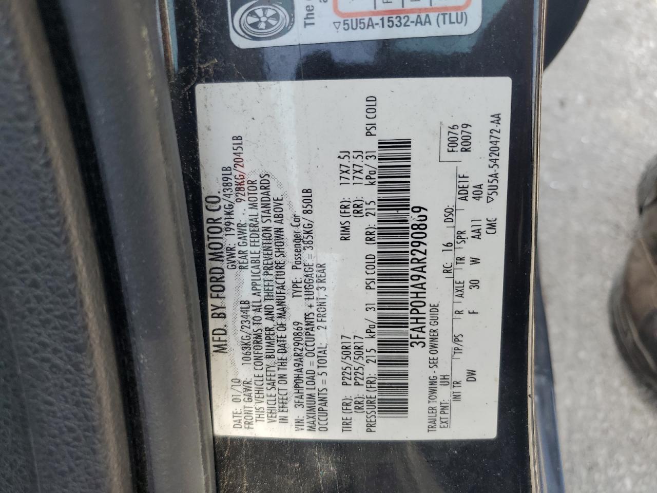 2010 Ford Fusion Se VIN: 3FAHP0HA9AR290869 Lot: 67049224
