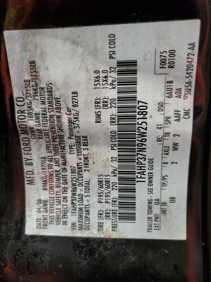 2006 Ford Focus Zx5 VIN: 1FAHP37N96W251807 Lot: 84590215