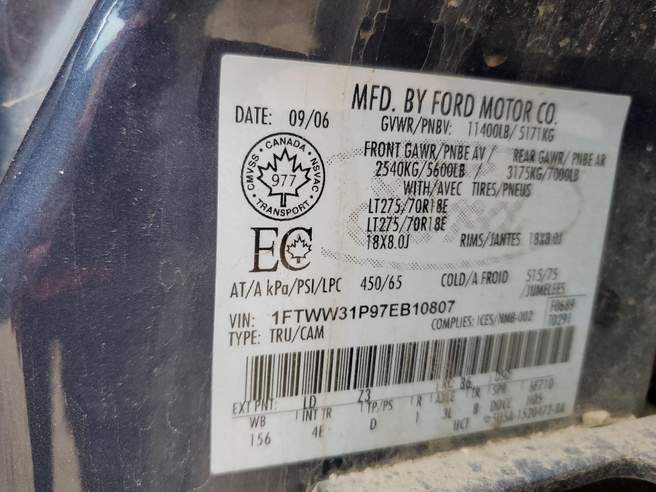 2007 Ford F350 Srw Super Duty VIN: 1FTWW31P97EB10807 Lot: 69280974