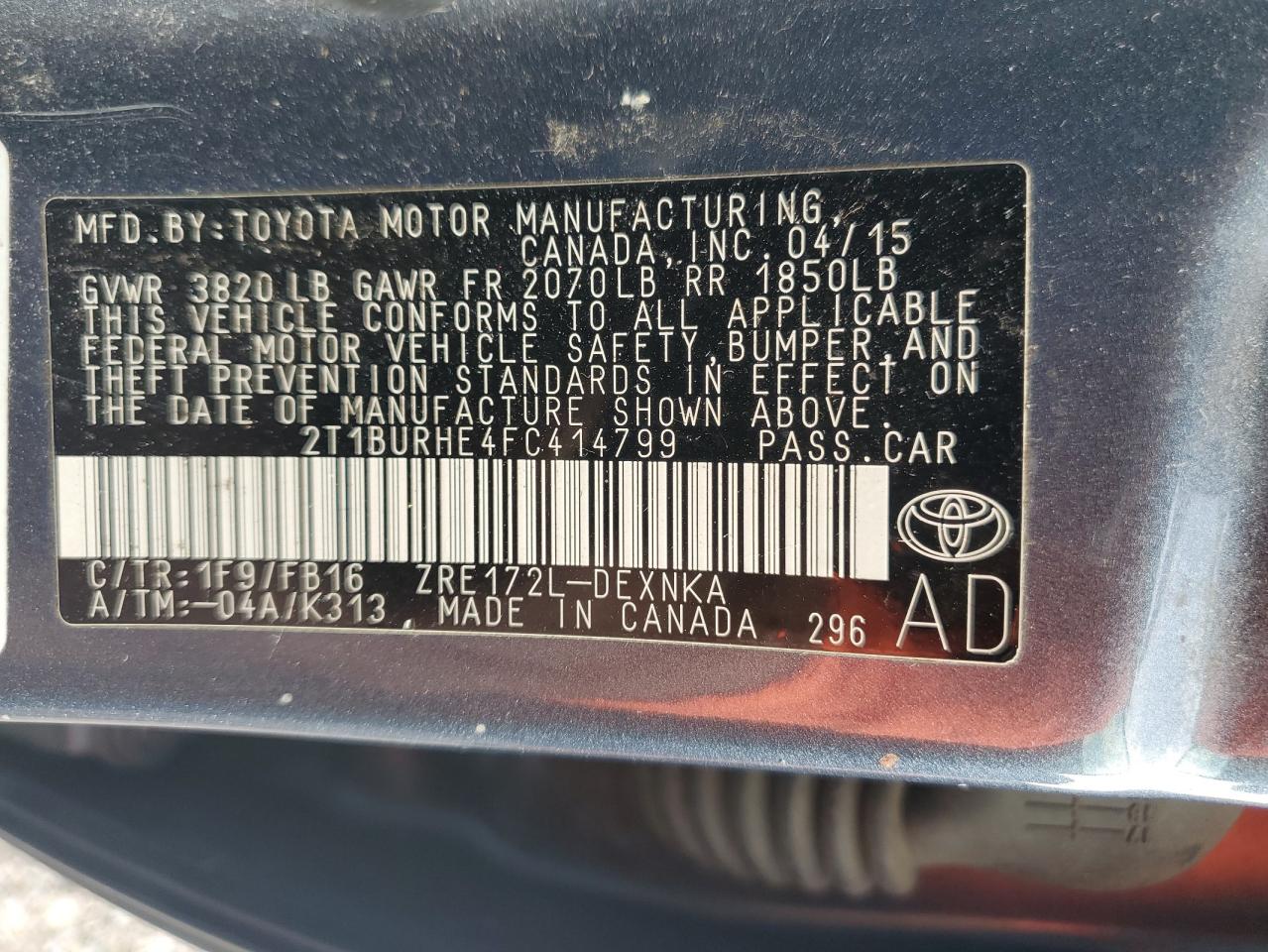 2015 Toyota Corolla L VIN: 2T1BURHE4FC414799 Lot: 67959884