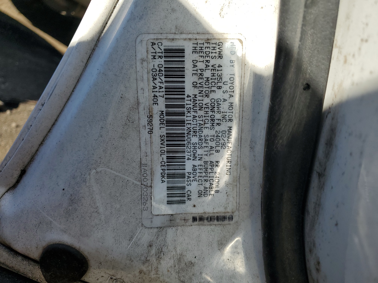 4T1SK11EXNU062374 1992 Toyota Camry Dlx