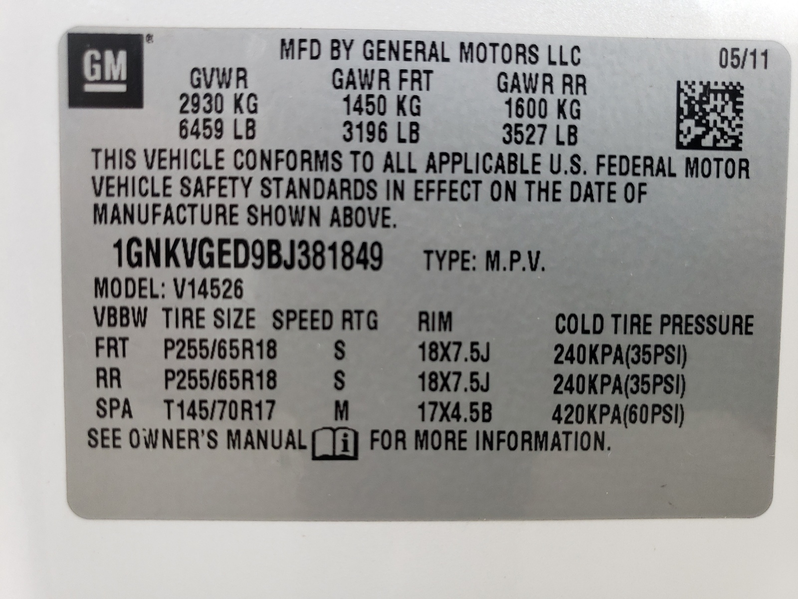 1GNKVGED9BJ381849 2011 Chevrolet Traverse Lt