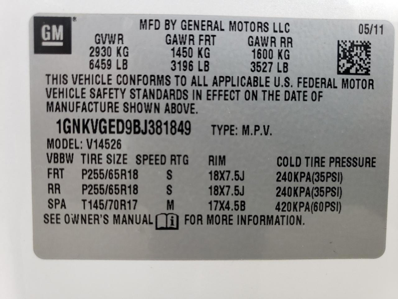 2011 Chevrolet Traverse Lt VIN: 1GNKVGED9BJ381849 Lot: 66507794