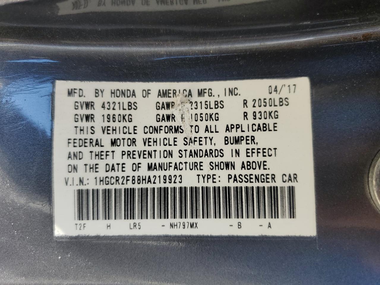 1HGCR2F88HA219923 2017 Honda Accord Exl