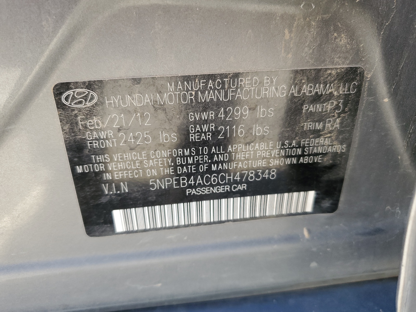 5NPEB4AC6CH478348 2012 Hyundai Sonata Gls