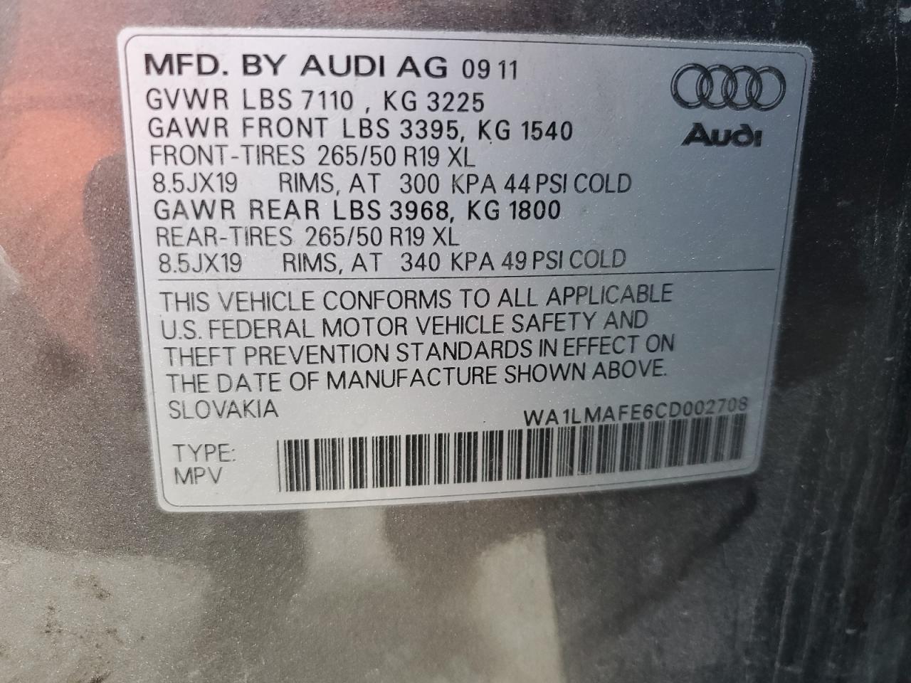 2012 Audi Q7 Premium Plus VIN: WA1LMAFE6CD002708 Lot: 68092084