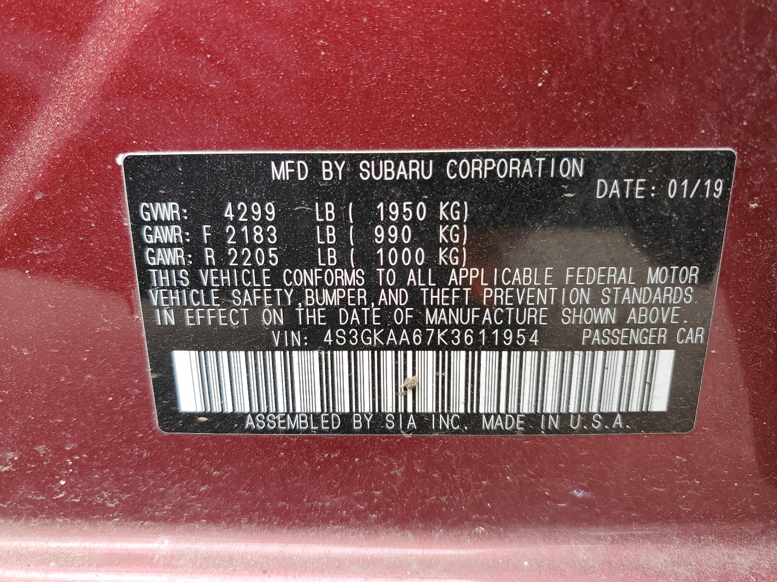 4S3GKAA67K3611954 2019 Subaru Impreza