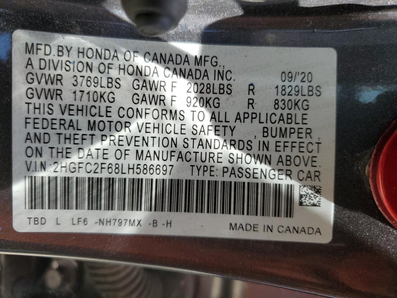 2020 Honda Civic Lx VIN: 2HGFC2F68LH586697 Lot: 66457854