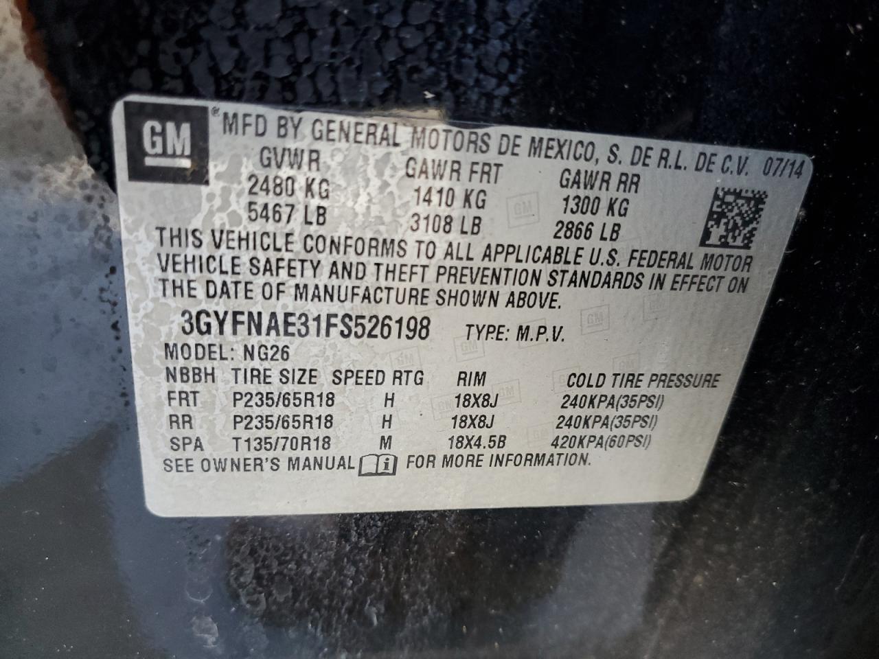 2015 Cadillac Srx VIN: 3GYFNAE31FS526198 Lot: 68494814