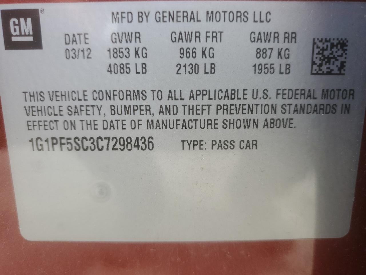 1G1PF5SC3C7298436 2012 Chevrolet Cruze Lt