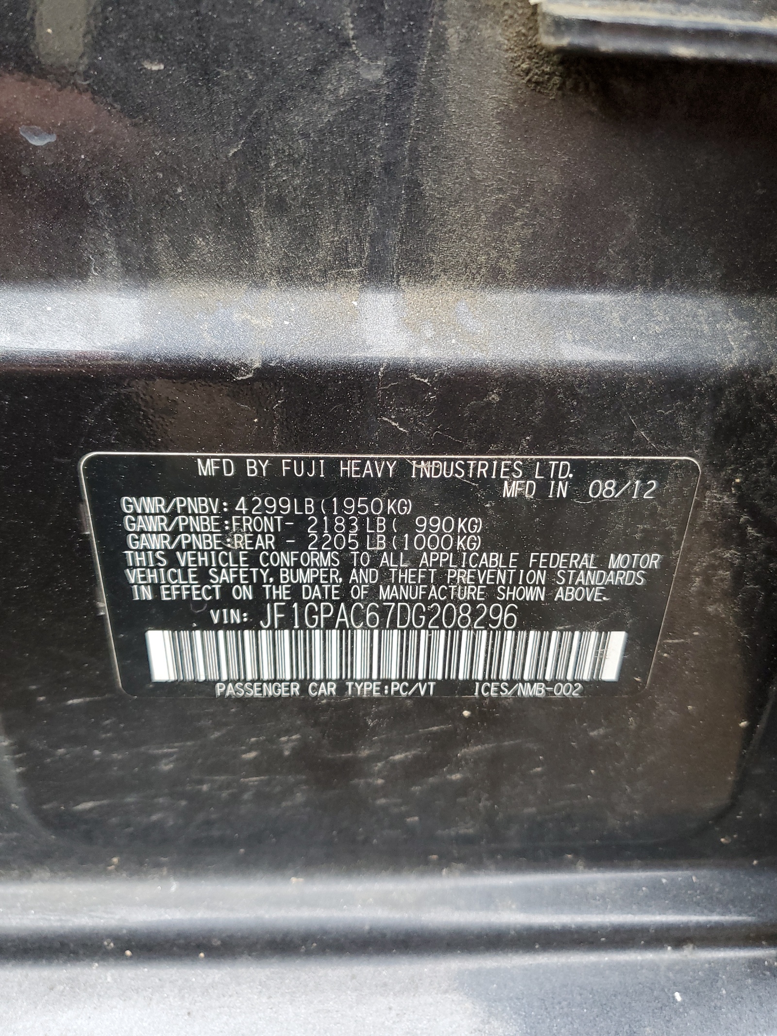 JF1GPAC67DG208296 2013 Subaru Impreza Premium