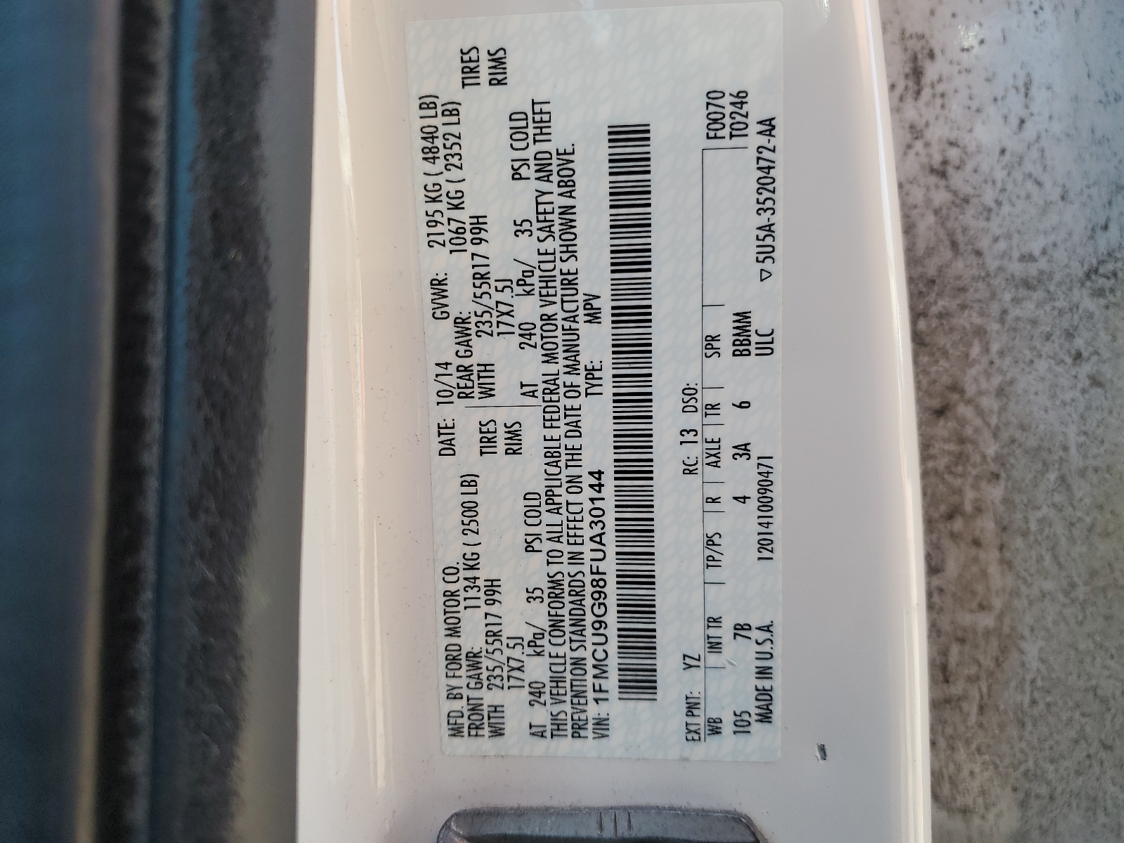 1FMCU9G98FUA30144 2015 Ford Escape Se