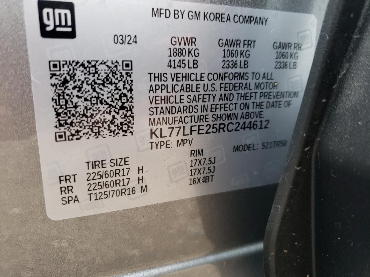 2024 Chevrolet Trax Ls VIN: KL77LFE25RC244612 Lot: 65822064