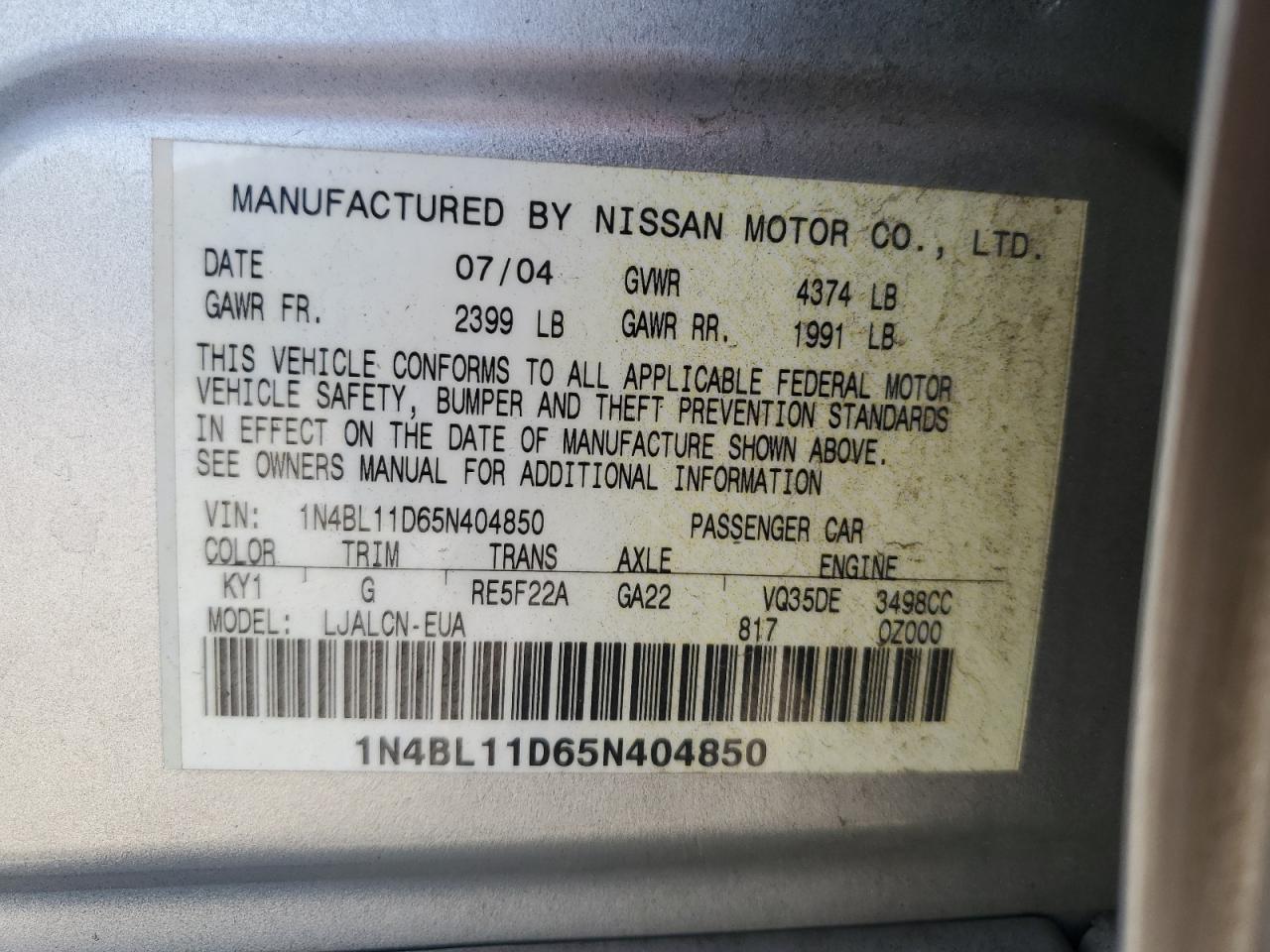2005 Nissan Altima Se VIN: 1N4BL11D65N404850 Lot: 69088324