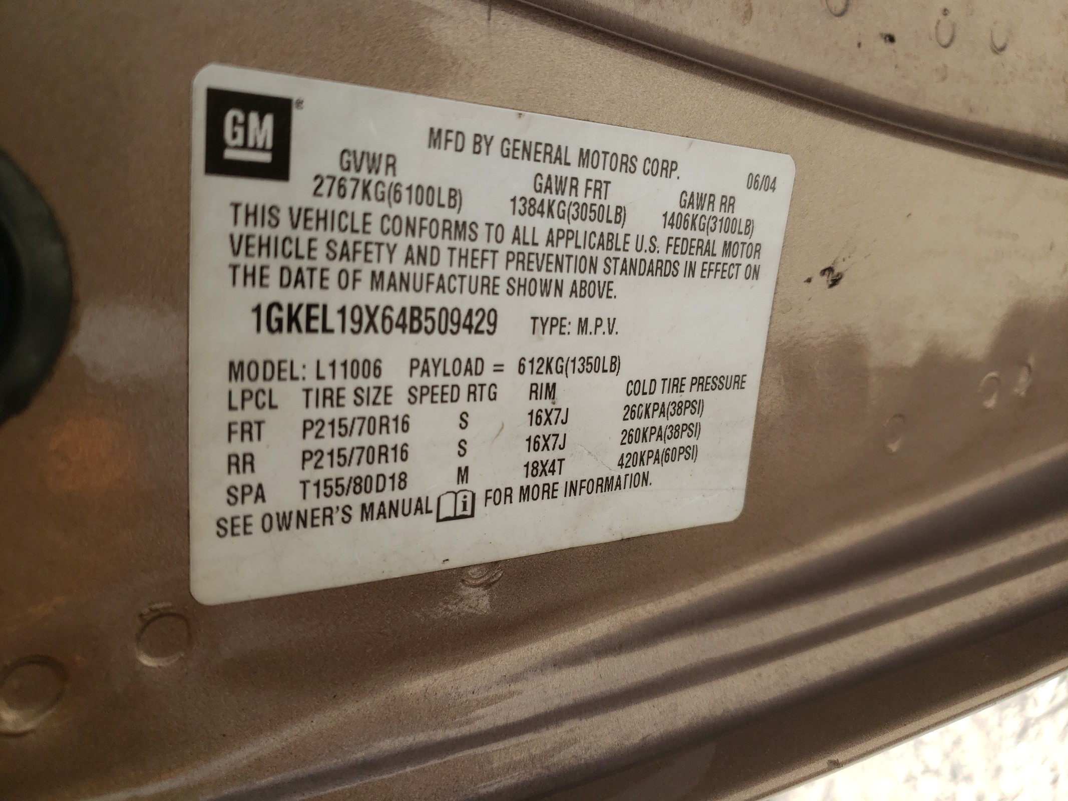 1GKEL19X64B509429 2004 GMC Safari Xt