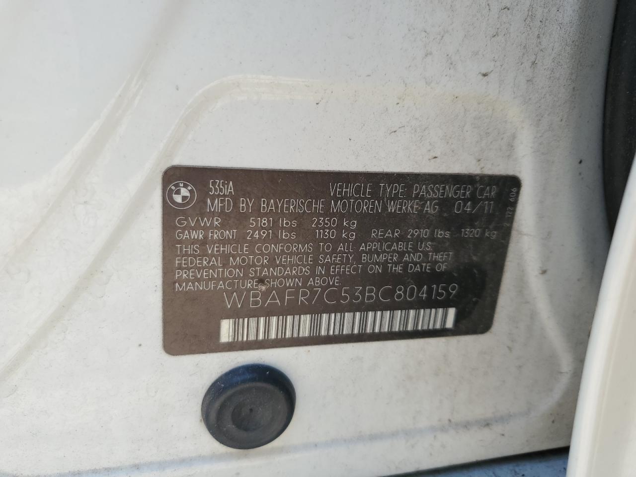 2011 BMW 535 I VIN: WBAFR7C53BC804159 Lot: 66534024
