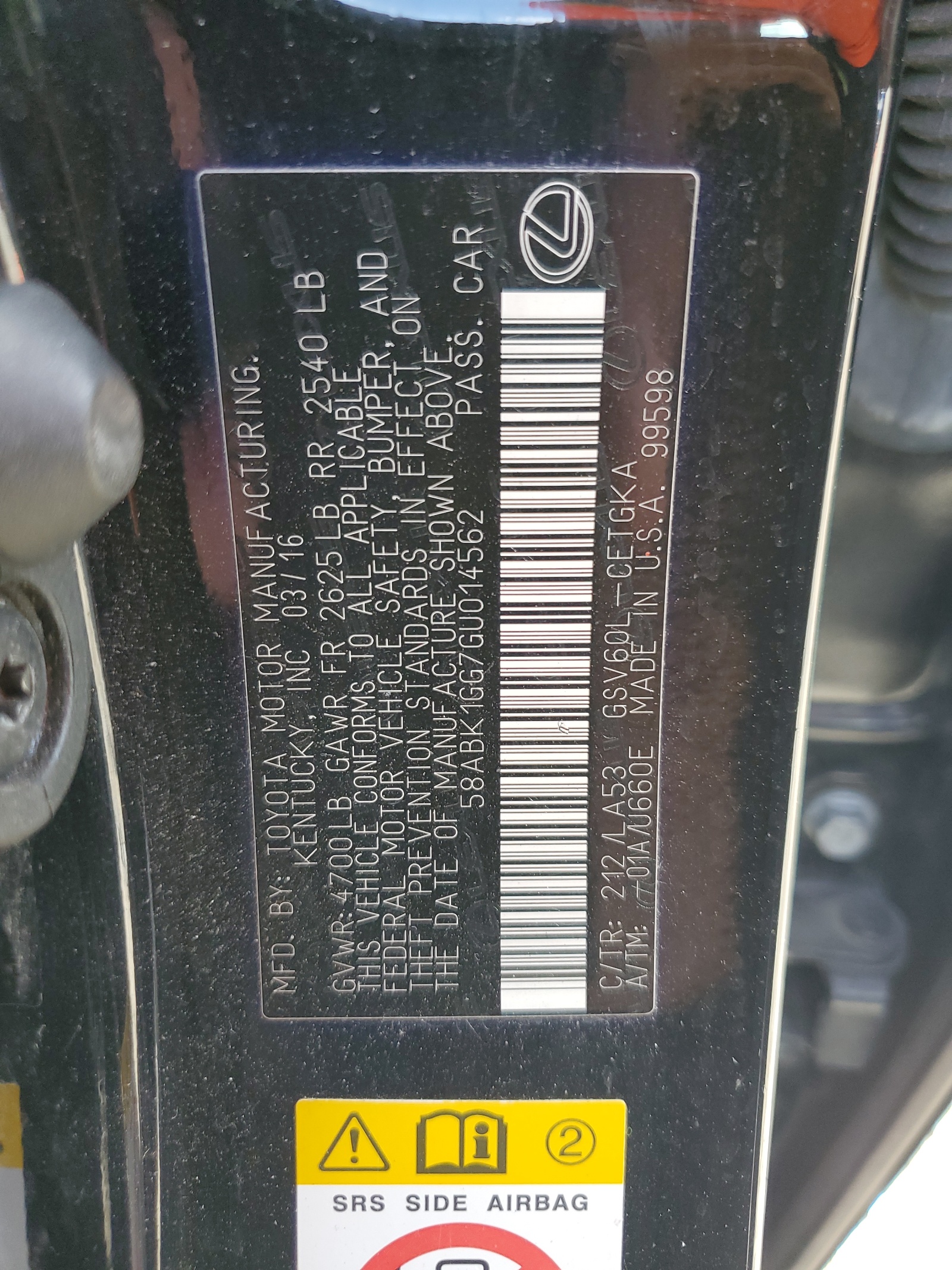 58ABK1GG7GU014562 2016 Lexus Es 350