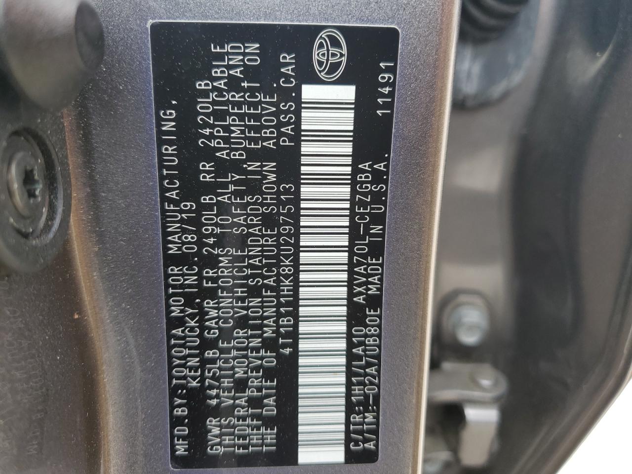 4T1B11HK8KU297513 2019 Toyota Camry L