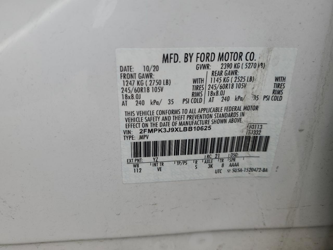 2020 Ford Edge Sel VIN: 2FMPK3J9XLBB10625 Lot: 66342384