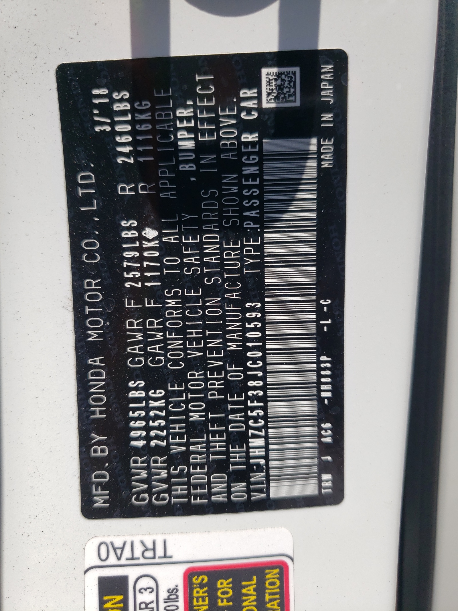 JHMZC5F38JC010593 2018 Honda Clarity Touring