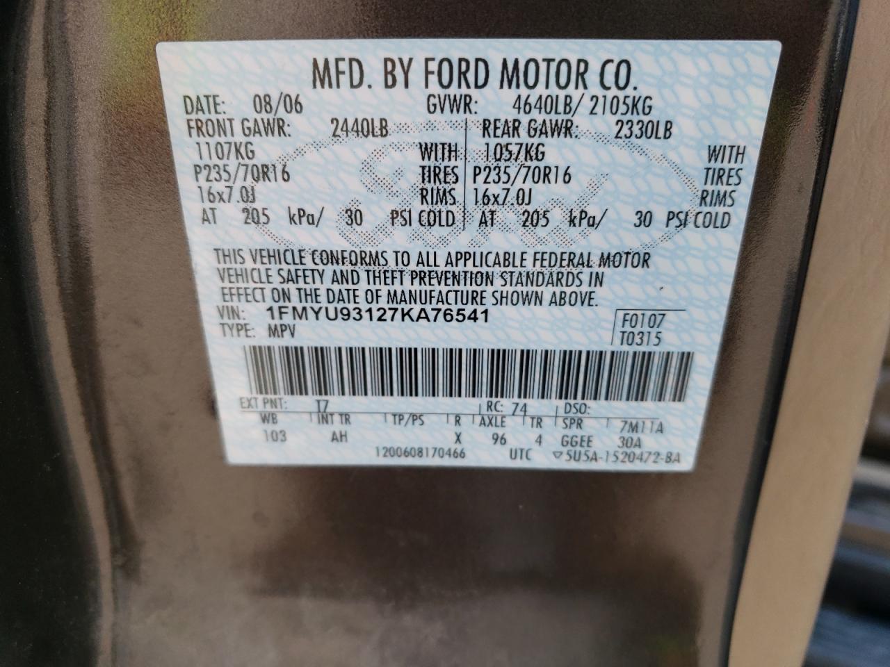 2007 Ford Escape Xlt VIN: 1FMYU93127KA76541 Lot: 66365834