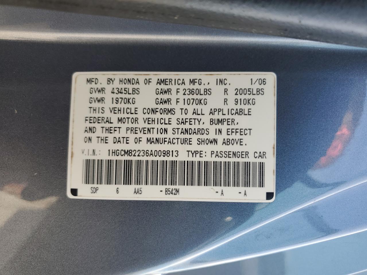 2006 Honda Accord Lx VIN: 1HGCM82236A009813 Lot: 66025854