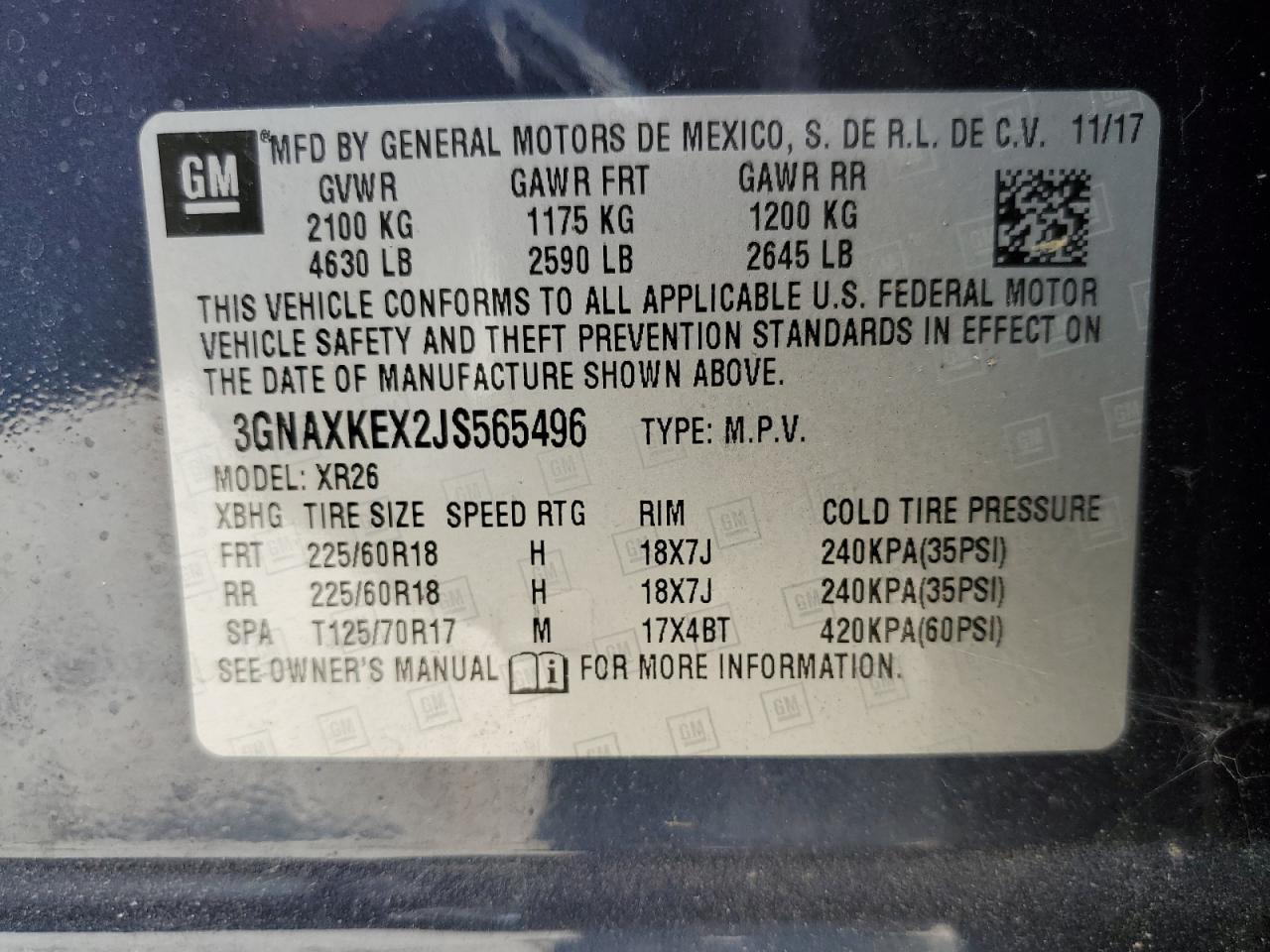 3GNAXKEX2JS565496 2018 Chevrolet Equinox Lt