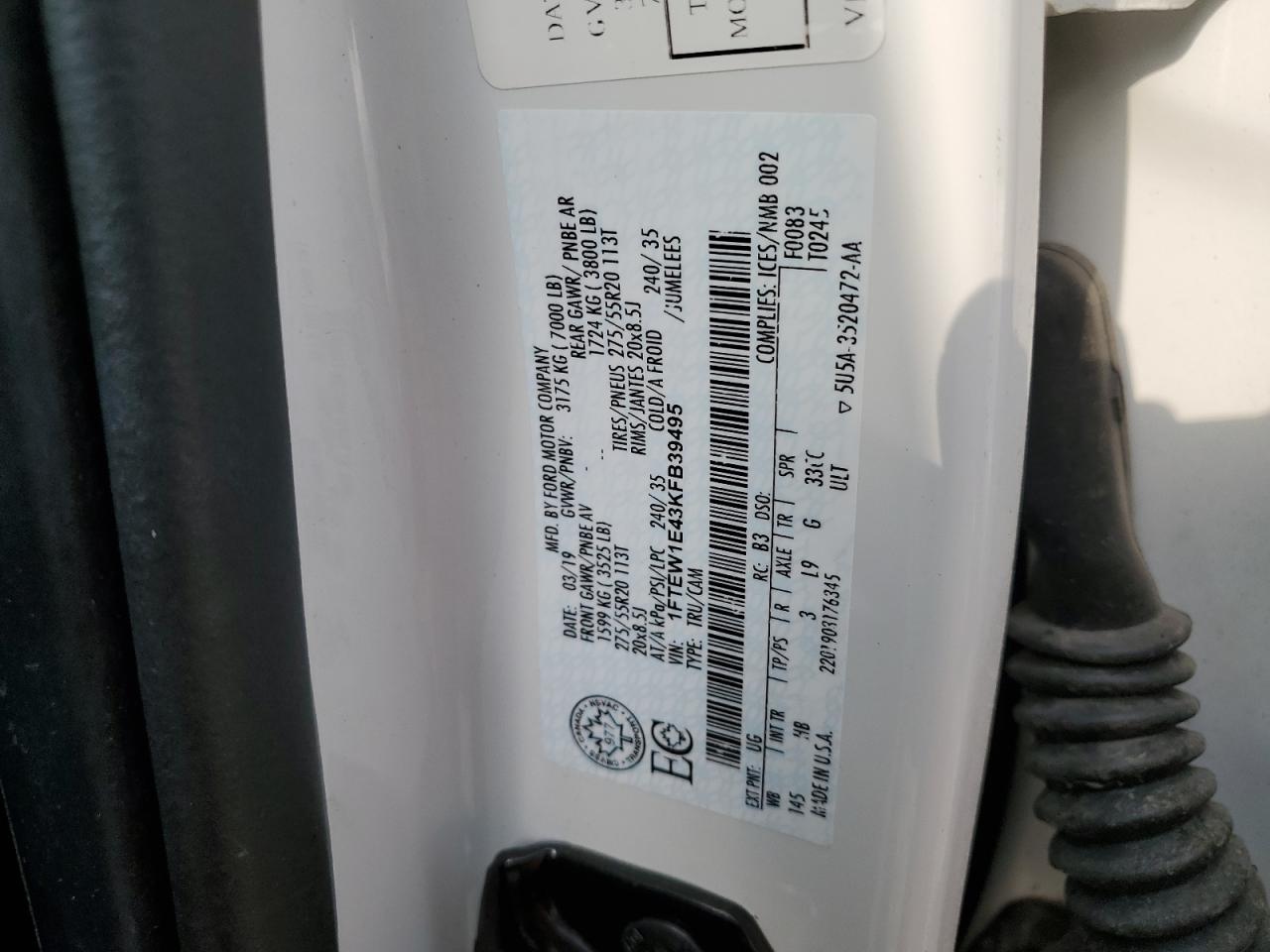 2019 Ford F150 Supercrew VIN: 1FTEW1E43KFB39495 Lot: 66794474