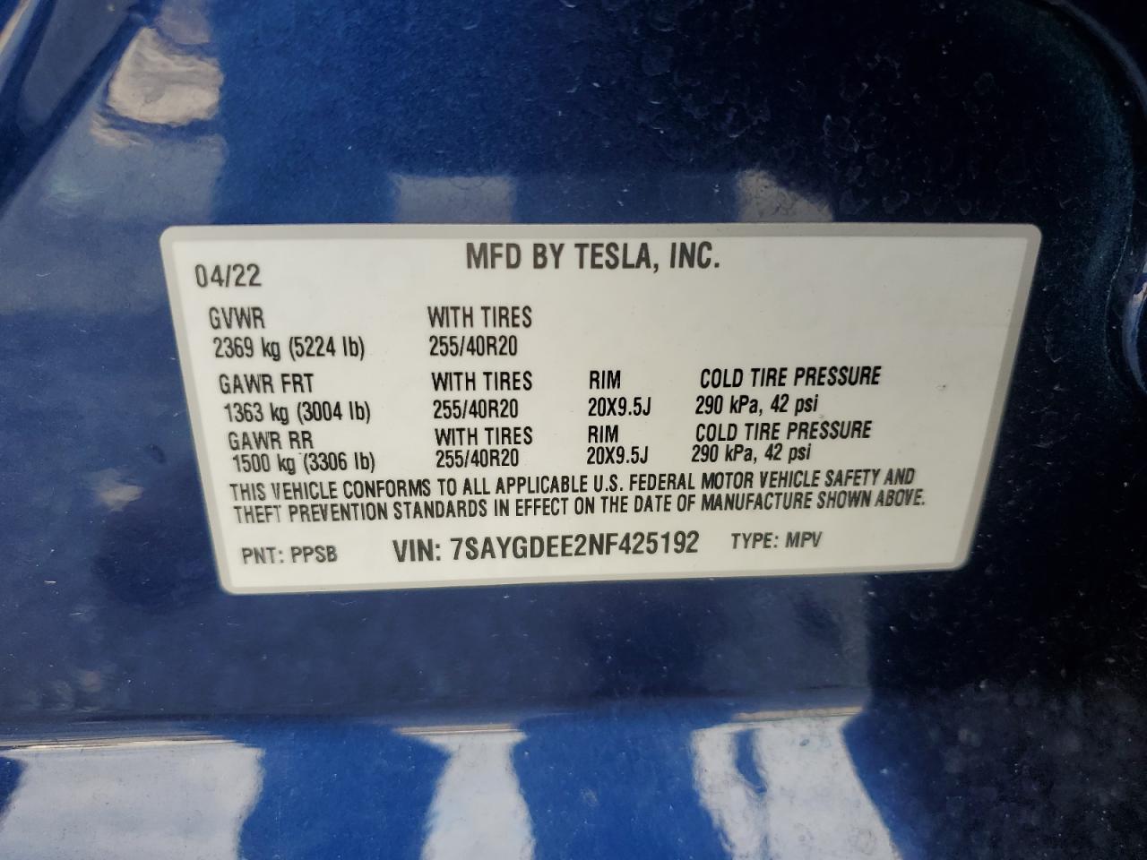 7SAYGDEE2NF425192 2022 Tesla Model Y