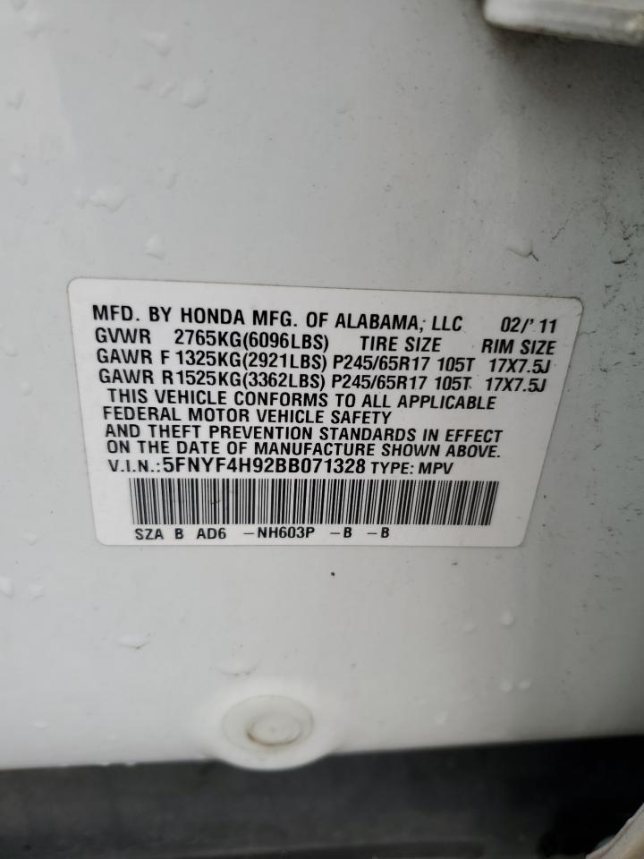 2011 Honda Pilot Touring VIN: 5FNYF4H92BB071328 Lot: 65141704