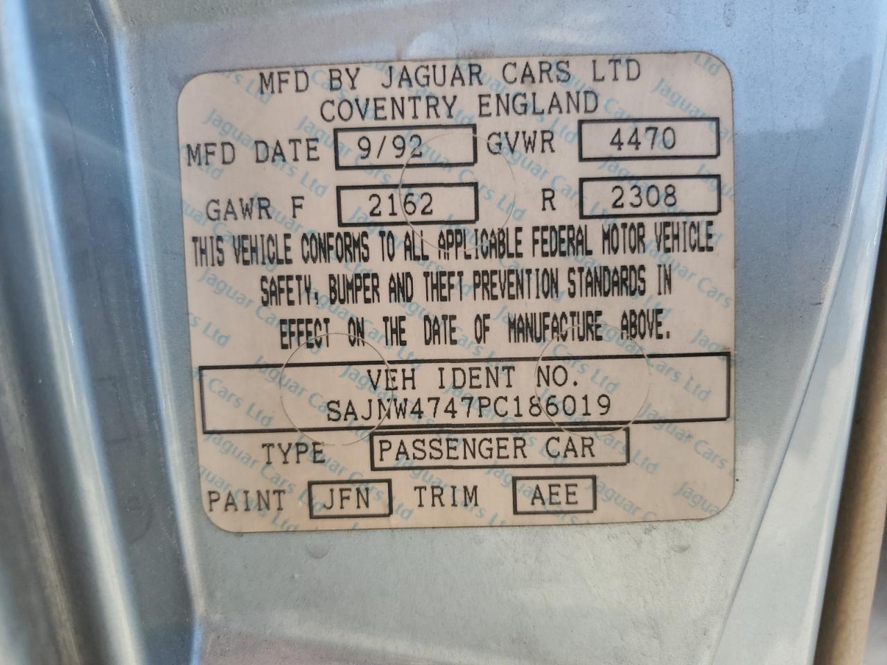 1993 Jaguar Xjs VIN: SAJNW4747PC186019 Lot: 66570744