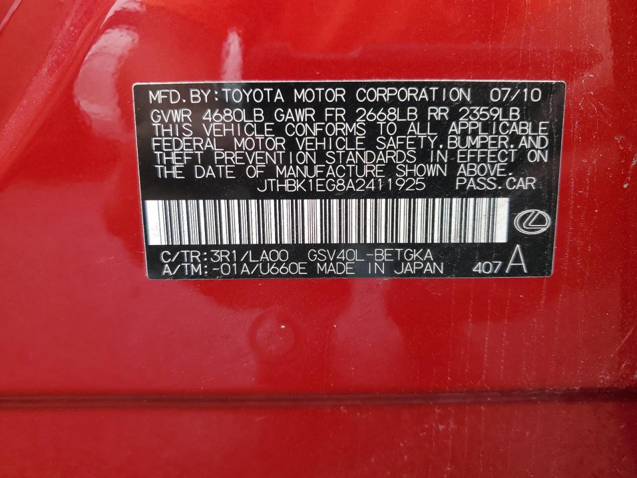 2010 Lexus Es 350 VIN: JTHBK1EG8A2411925 Lot: 65723574