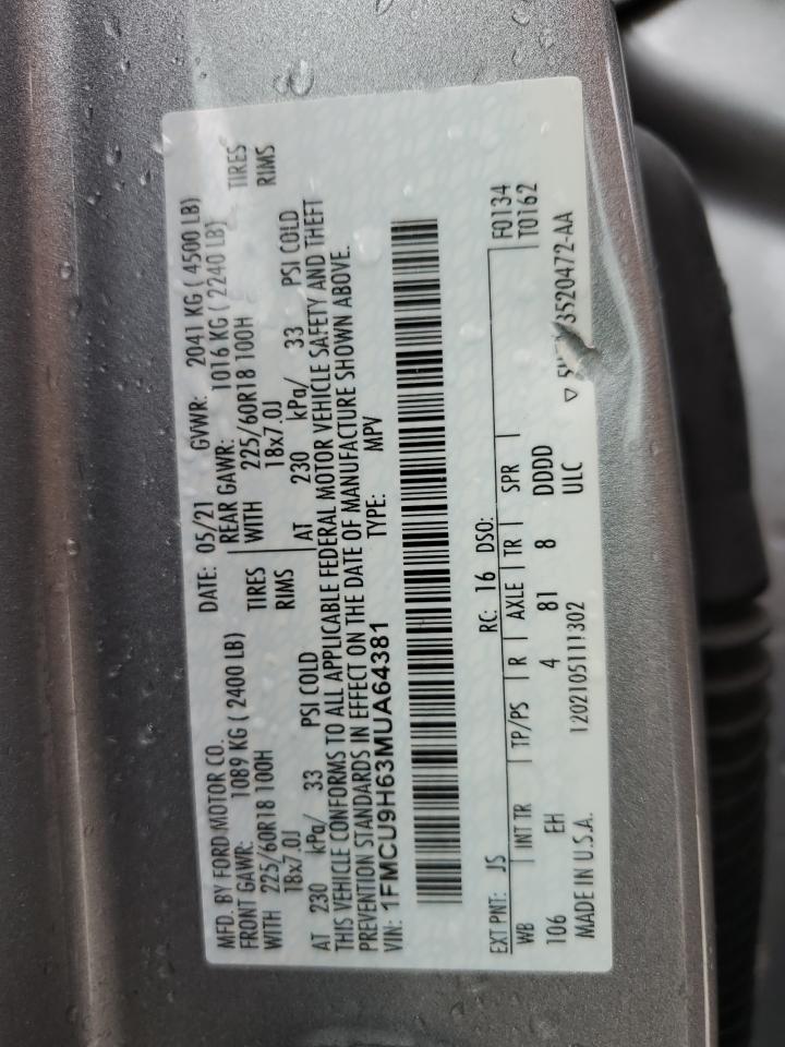 2021 Ford Escape Sel VIN: 1FMCU9H63MUA64381 Lot: 66704434