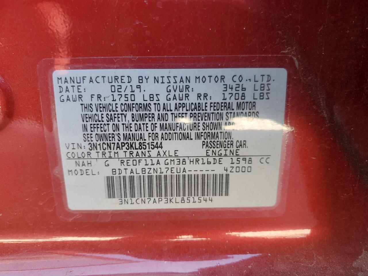 3N1CN7AP3KL851544 2019 Nissan Versa S