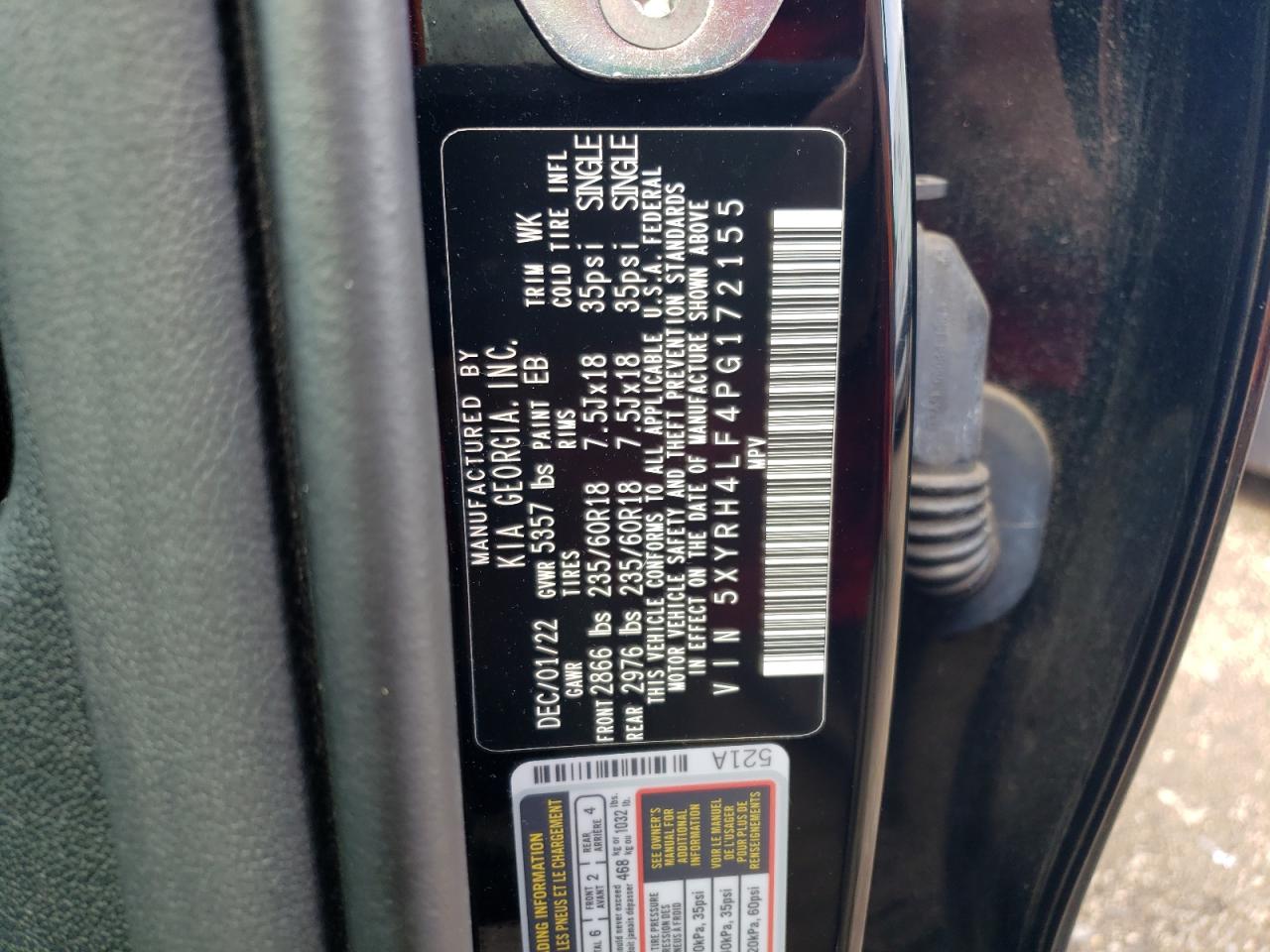 2023 Kia Sorento Ex VIN: 5XYRH4LF4PG172155 Lot: 69086794