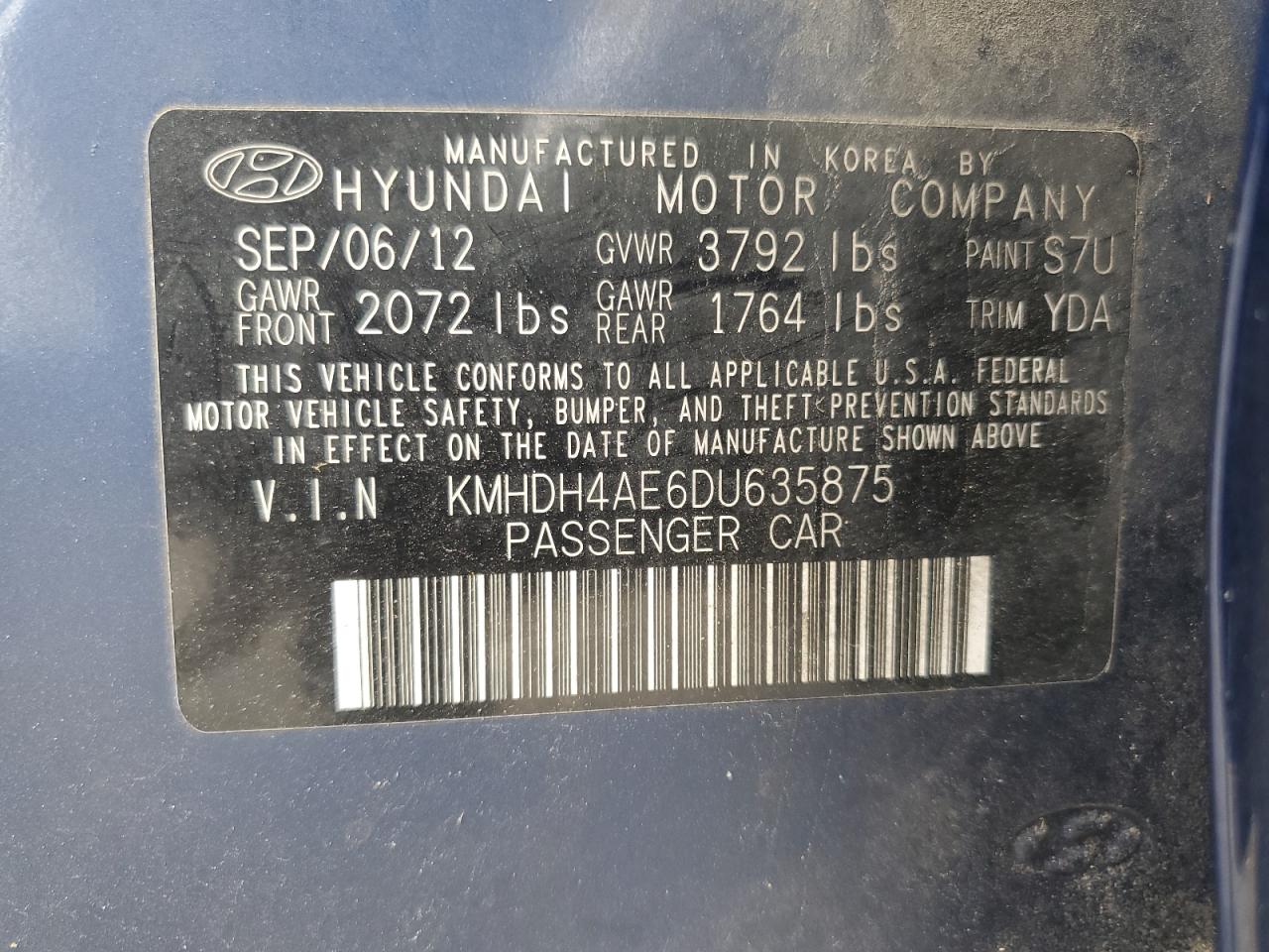 2013 Hyundai Elantra Gls VIN: KMHDH4AE6DU635875 Lot: 66956374