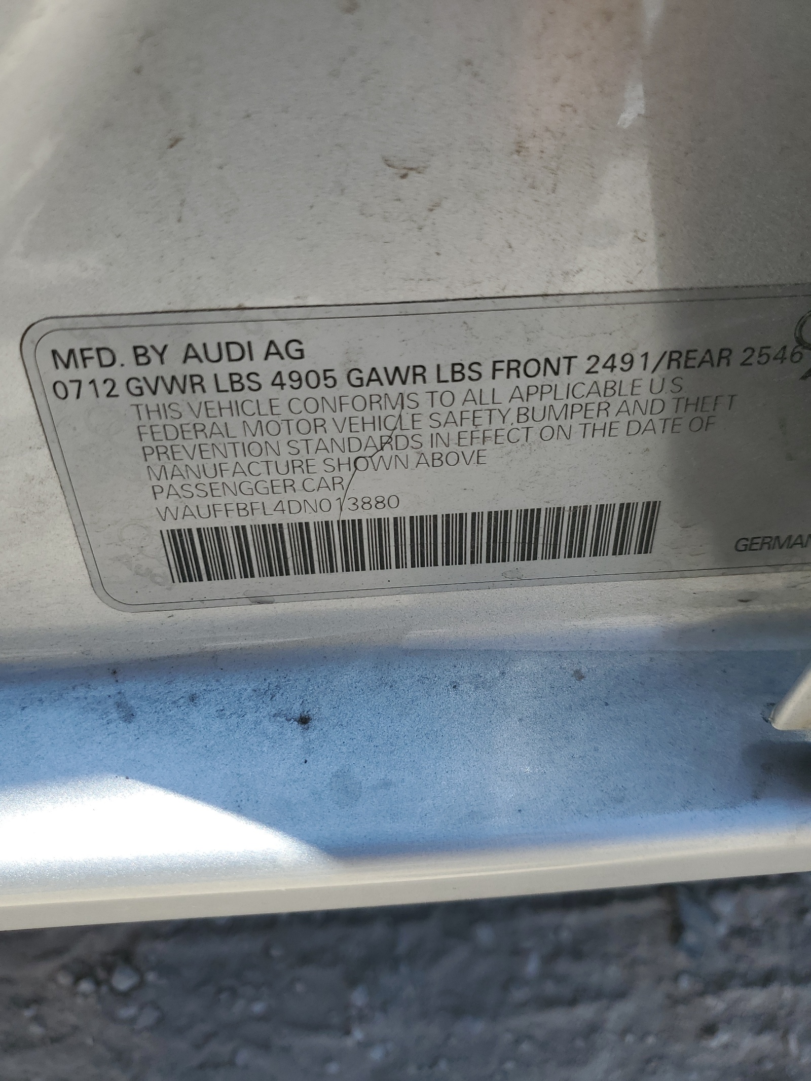 WAUFFBFL4DN013880 2013 Audi A4 Premium Plus