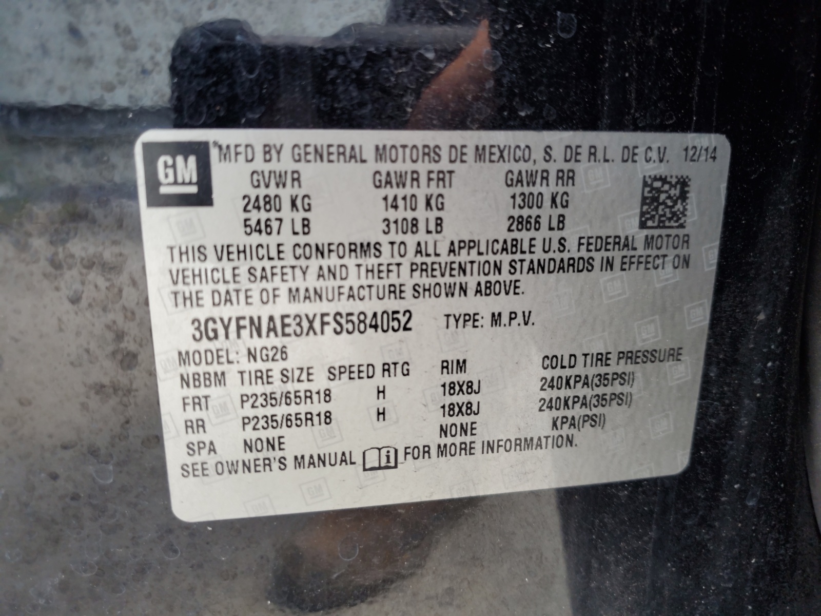 3GYFNAE3XFS584052 2015 Cadillac Srx