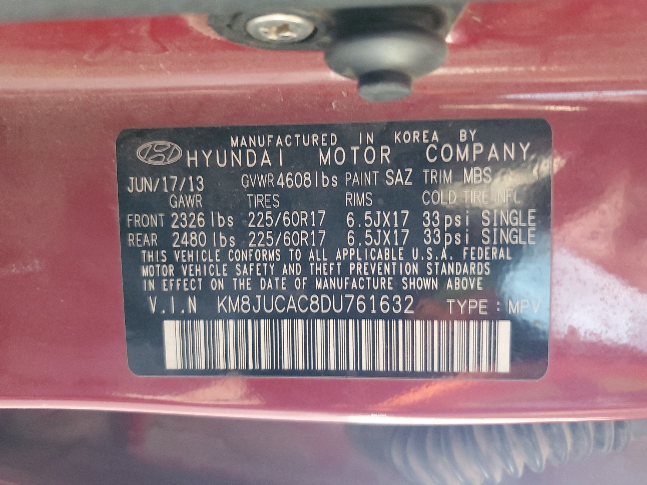 KM8JUCAC8DU761632 2013 Hyundai Tucson Gls