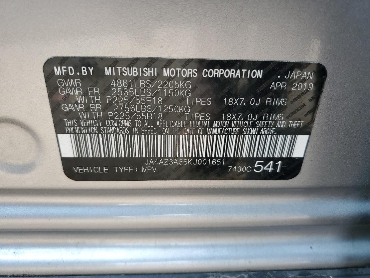 JA4AZ3A36KJ001651 2019 Mitsubishi Outlander Se