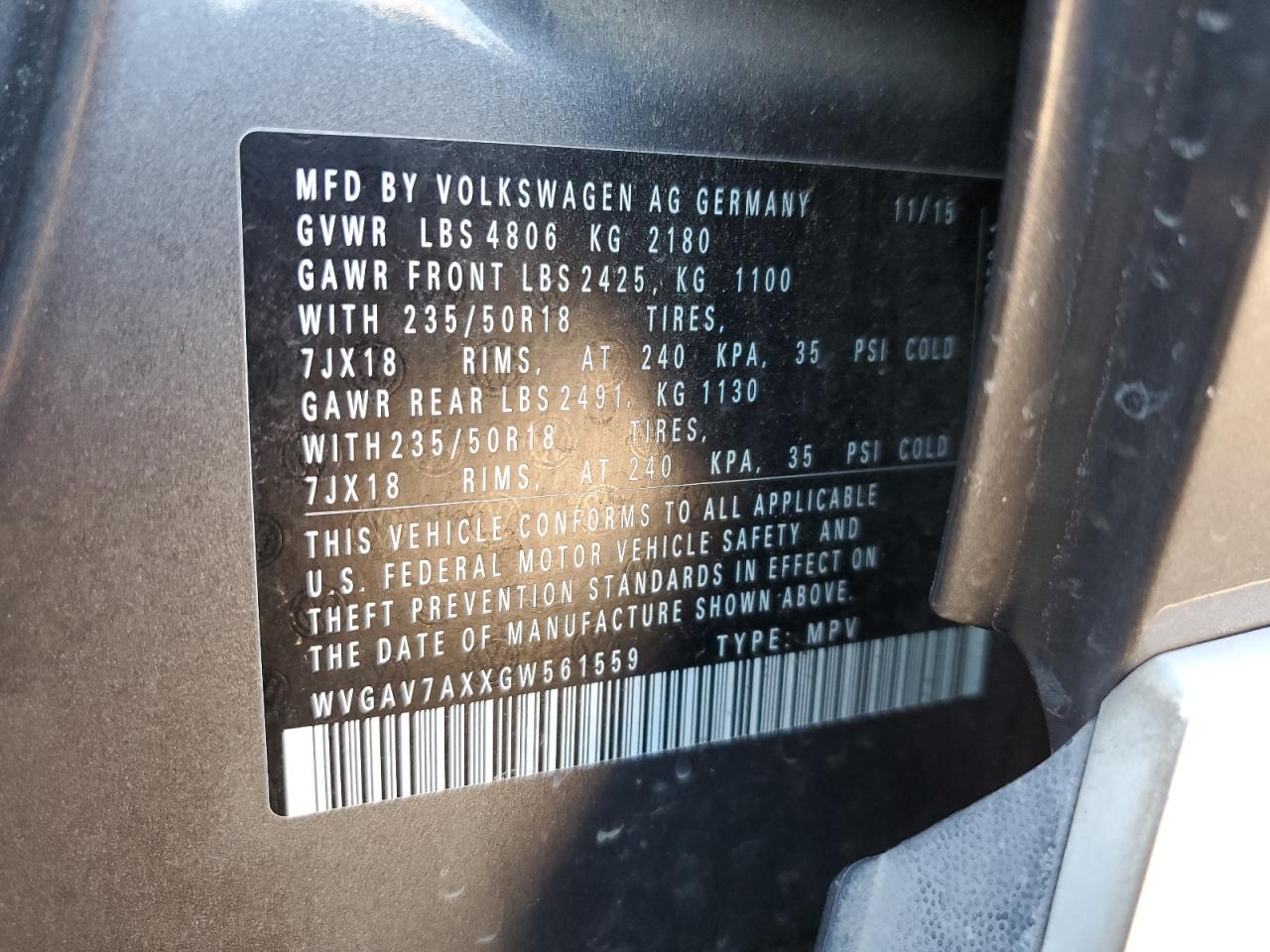 WVGAV7AXXGW561559 2016 Volkswagen Tiguan S