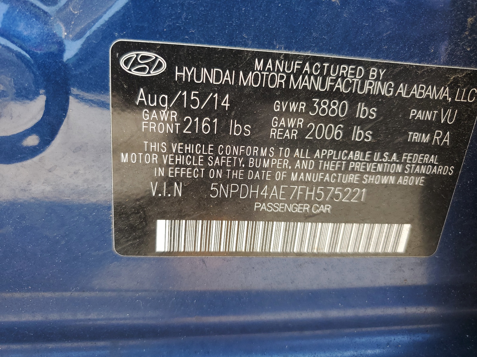 2015 Hyundai Elantra Se vin: 5NPDH4AE7FH575221