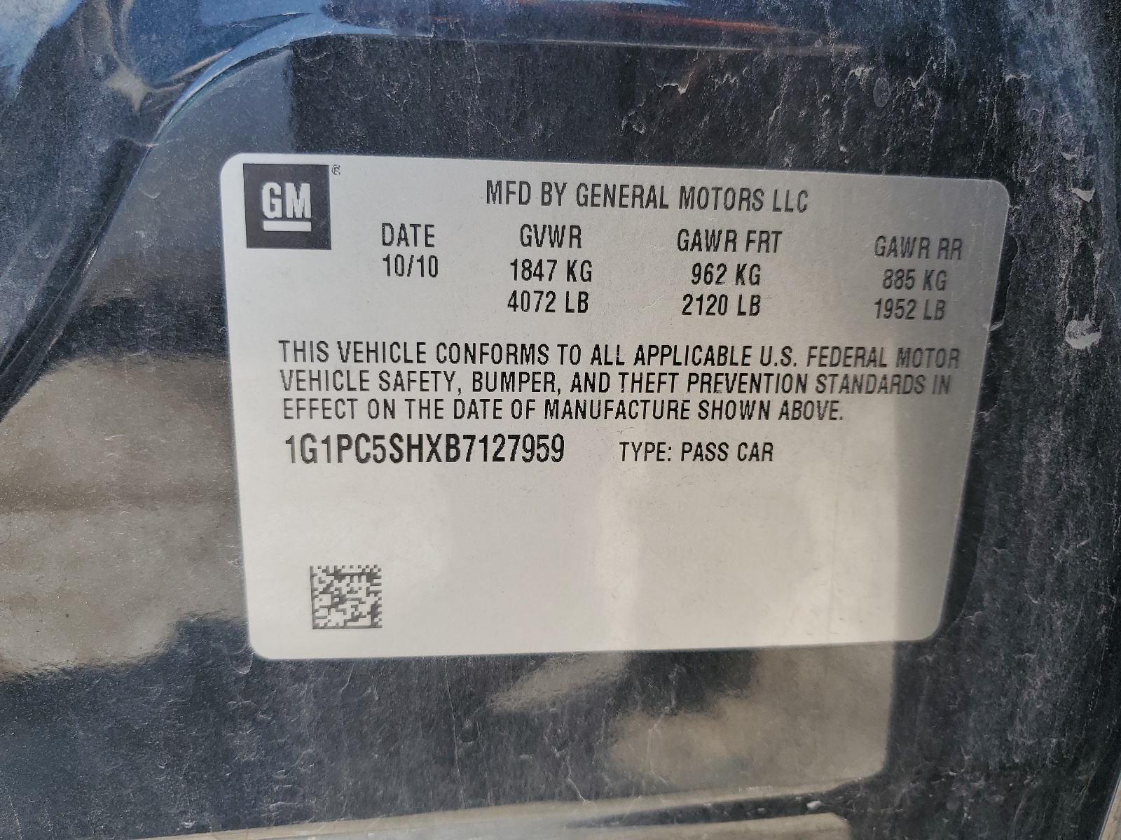 1G1PC5SHXB7127959 2011 Chevrolet Cruze Ls