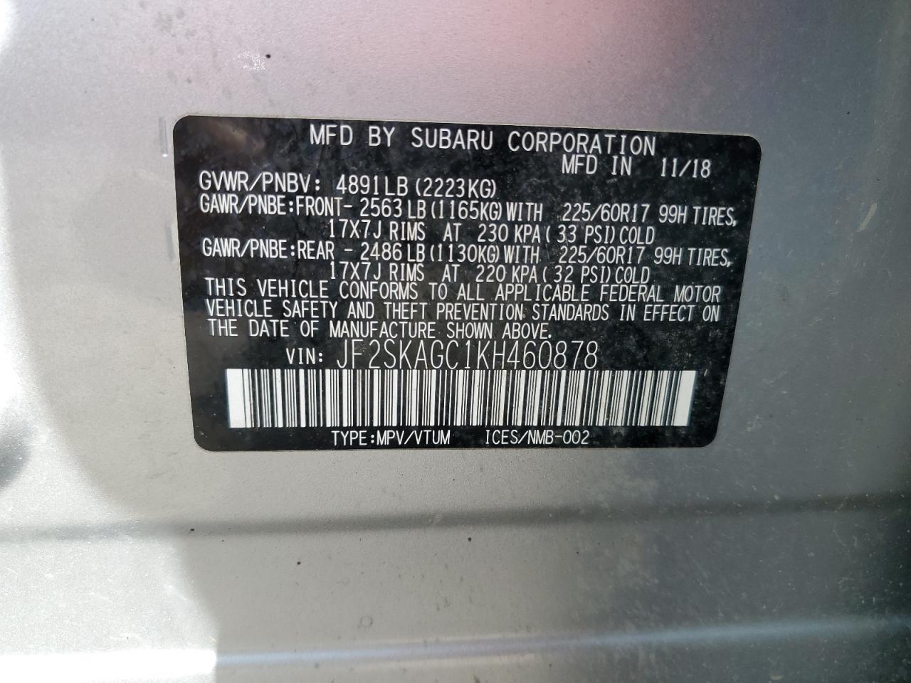 JF2SKAGC1KH460878 2019 Subaru Forester Premium